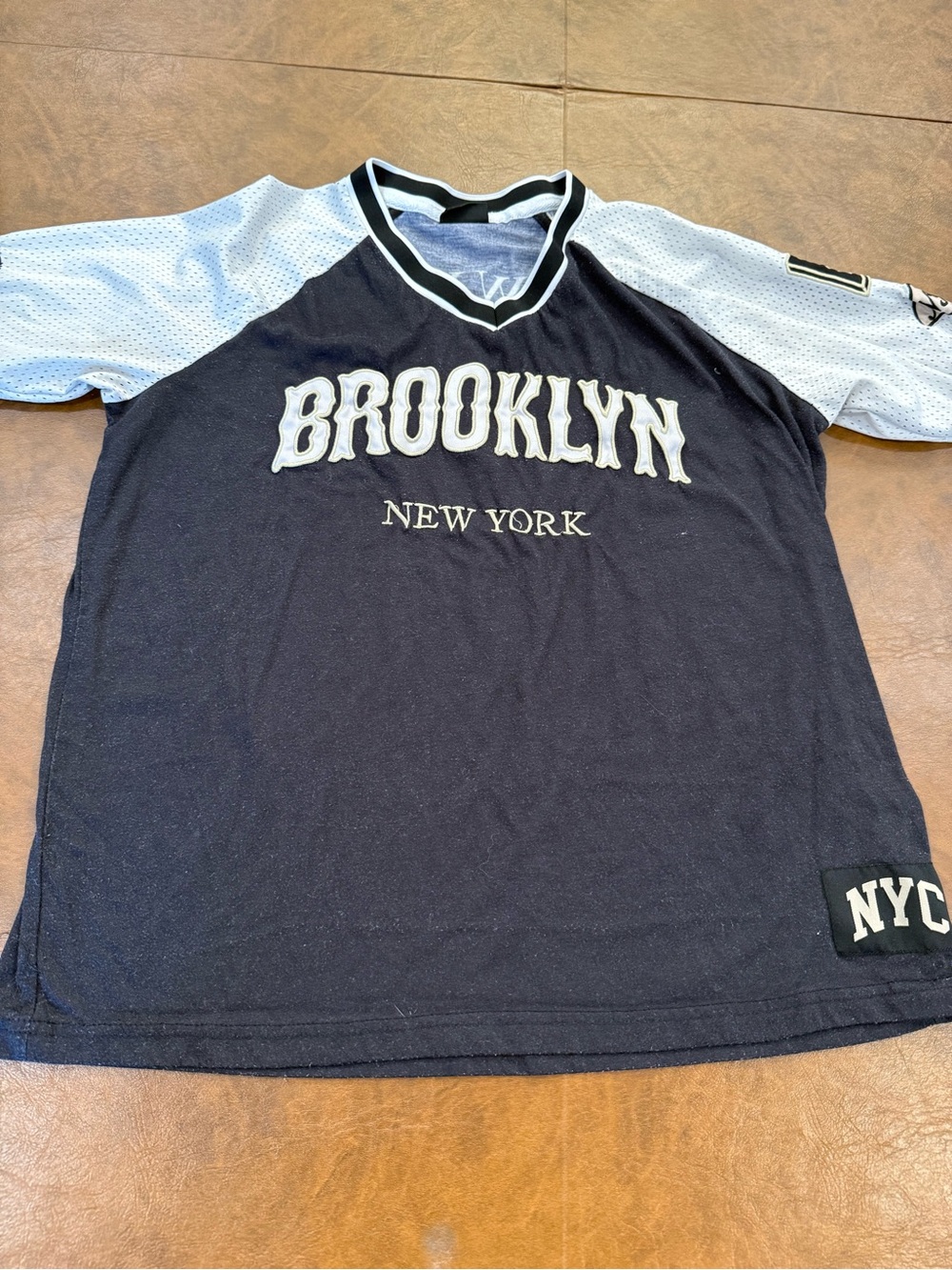 Brooklyn New York Black & White Logo Tee with Mesh Sleeve Detail – Women’s XXS